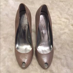 Pearlescent wrapped platform peep toe heels, sz 9